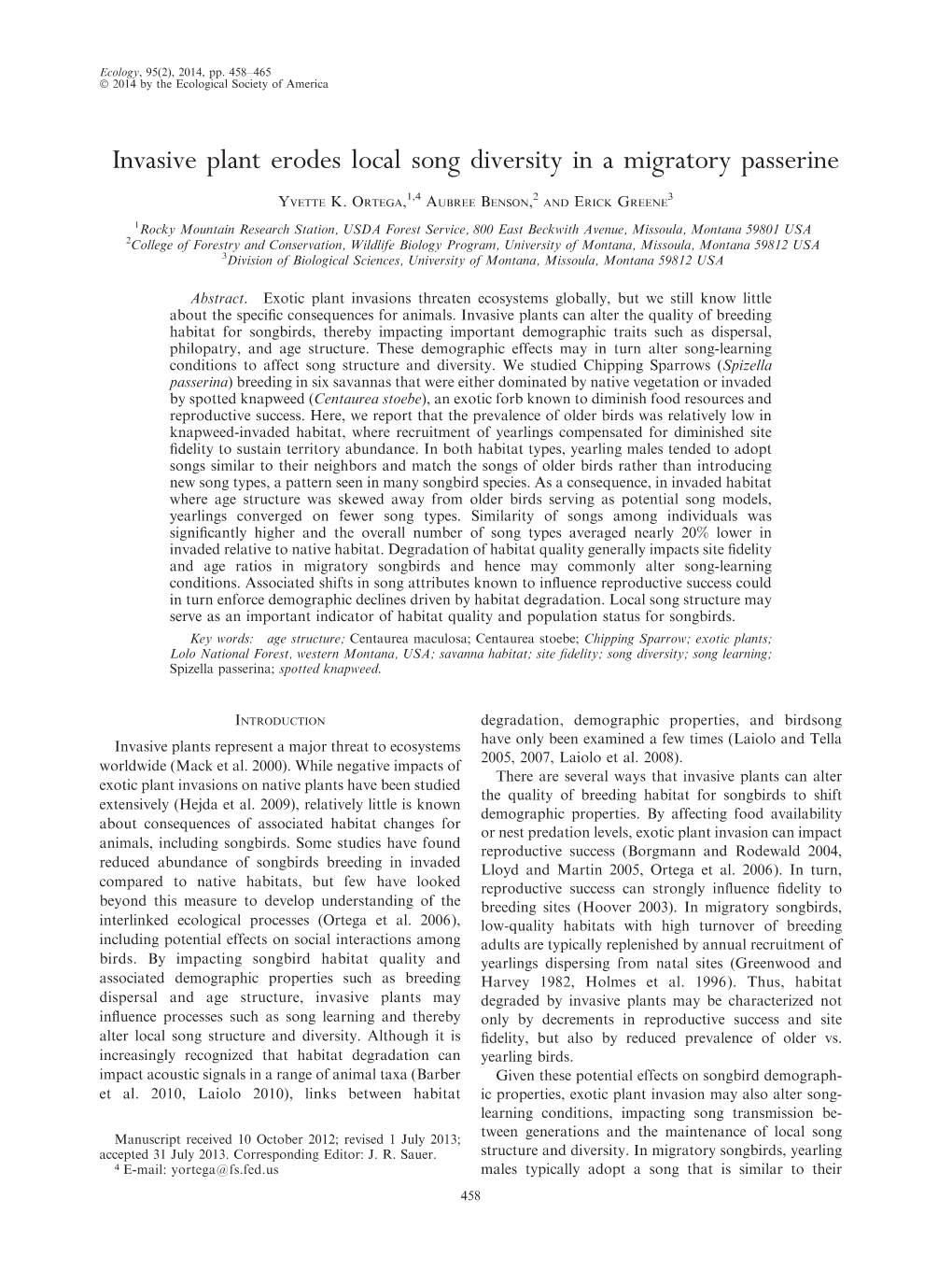 Invasive Plant Erodes Local Song Diversity in a Migratory Passerine