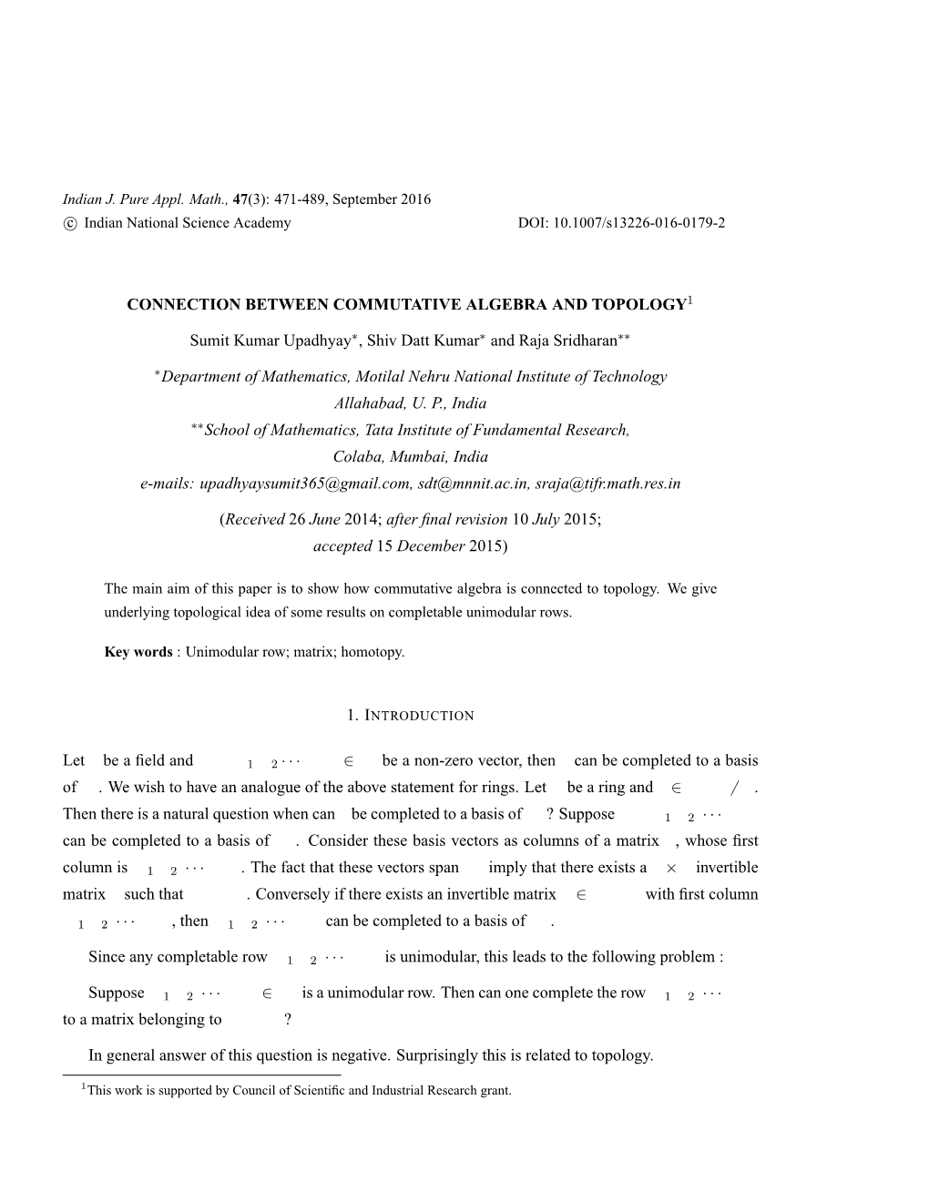 Connection Between Commutative Algebra and Topology1