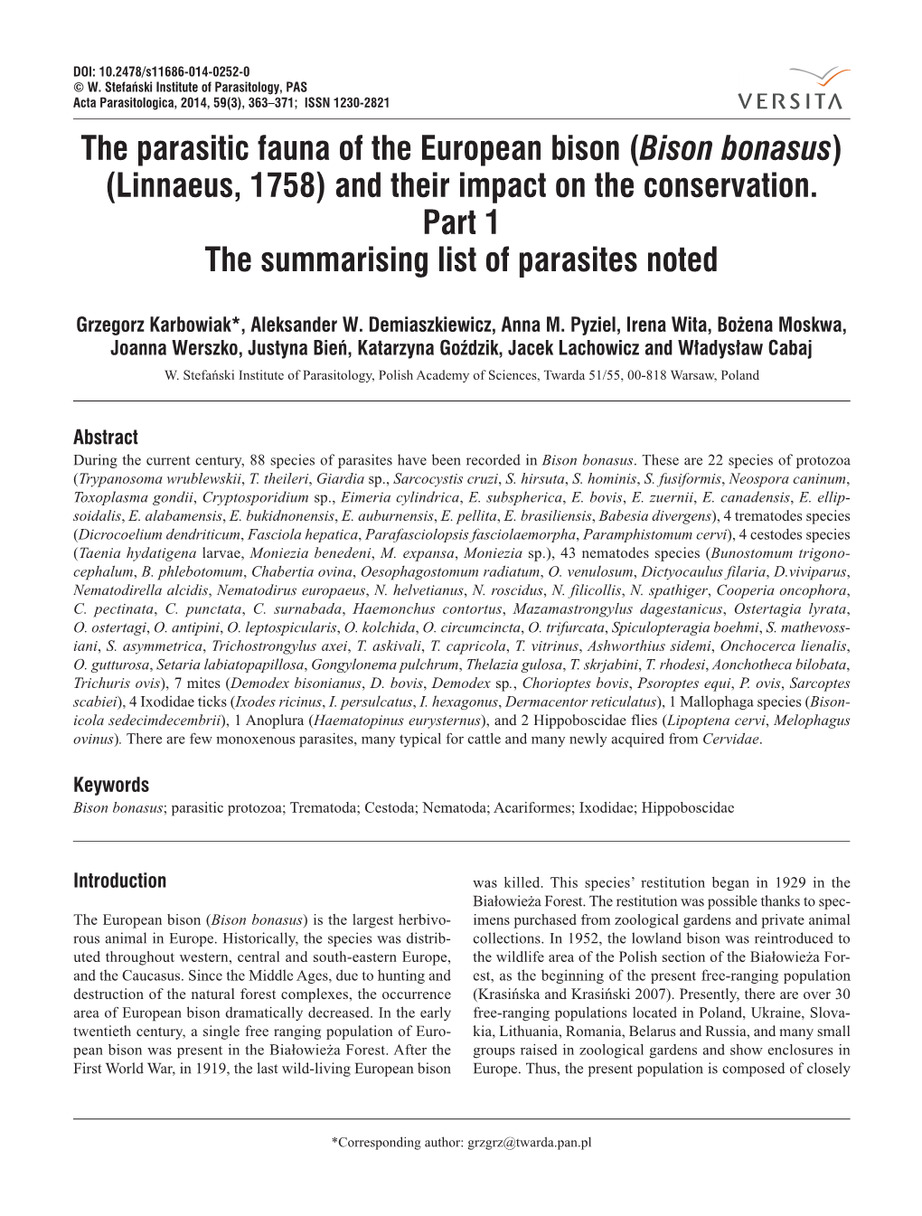 The Parasitic Fauna of the European Bison (Bison Bonasus) (Linnaeus, 1758) and Their Impact on the Conservation