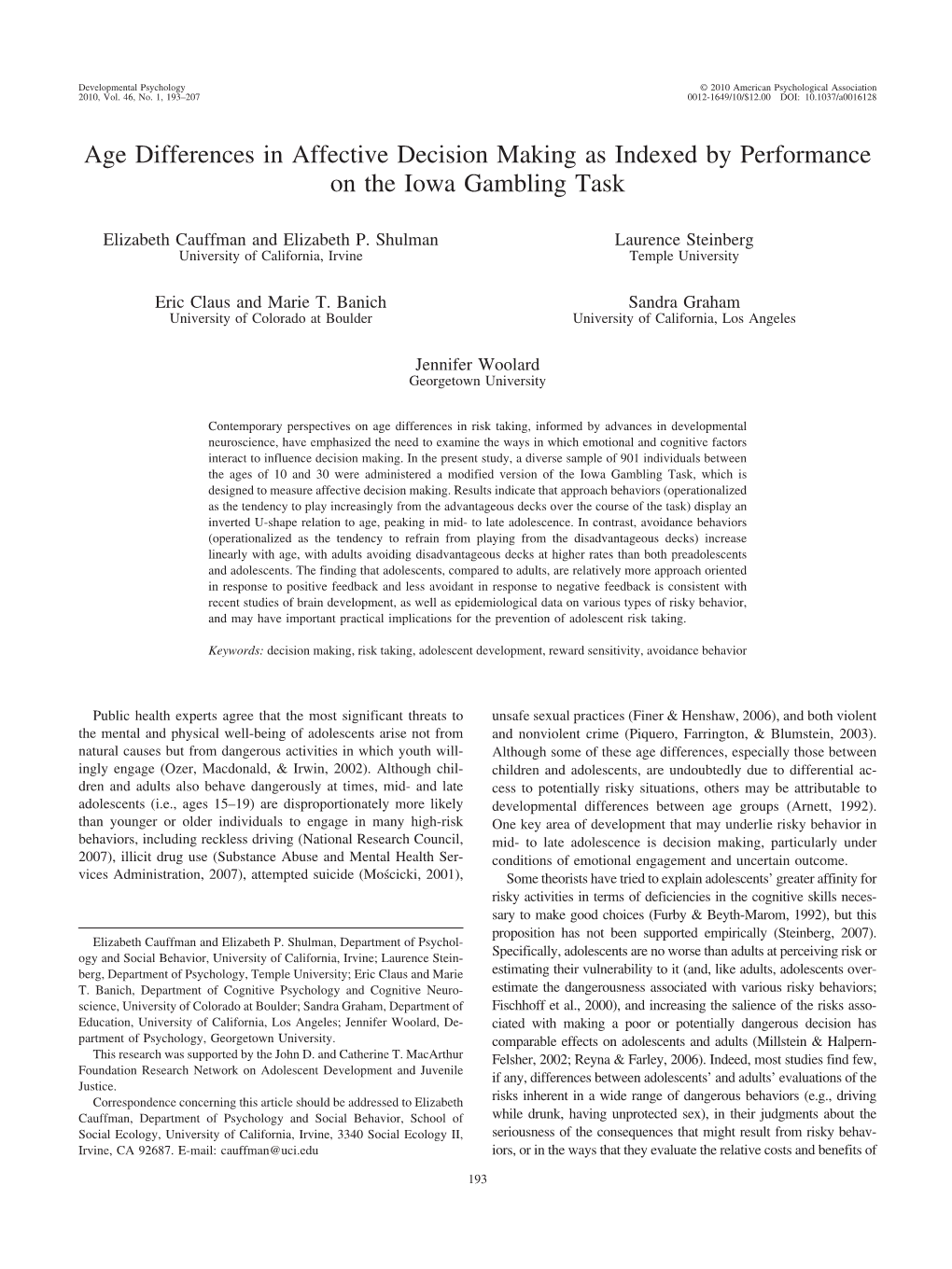 Age Differences in Affective Decision Making As Indexed by Performance on the Iowa Gambling Task