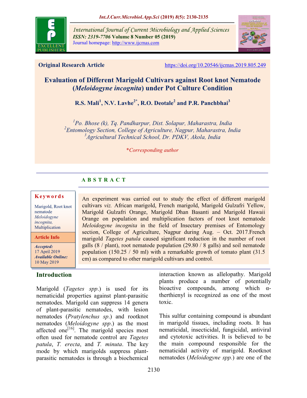 Evaluation of Different Marigold Cultivars Against Root Knot Nematode (Meloidogyne Incognita) Under Pot Culture Condition