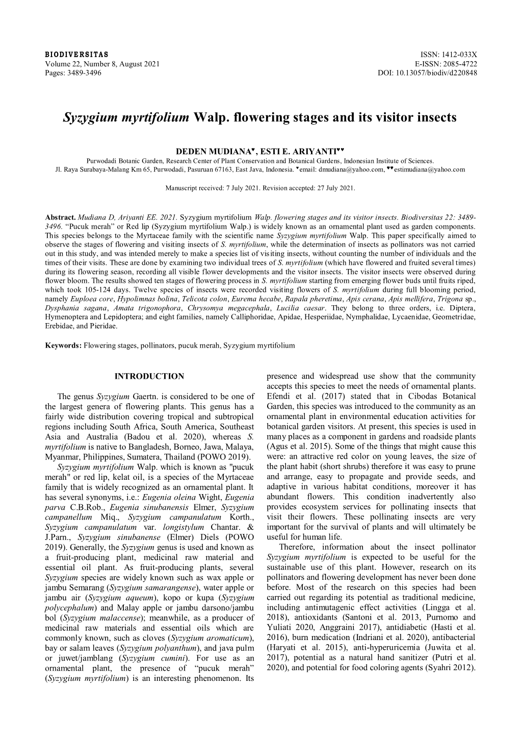 Syzygium Myrtifolium Walp. Flowering Stages and Its Visitor Insects