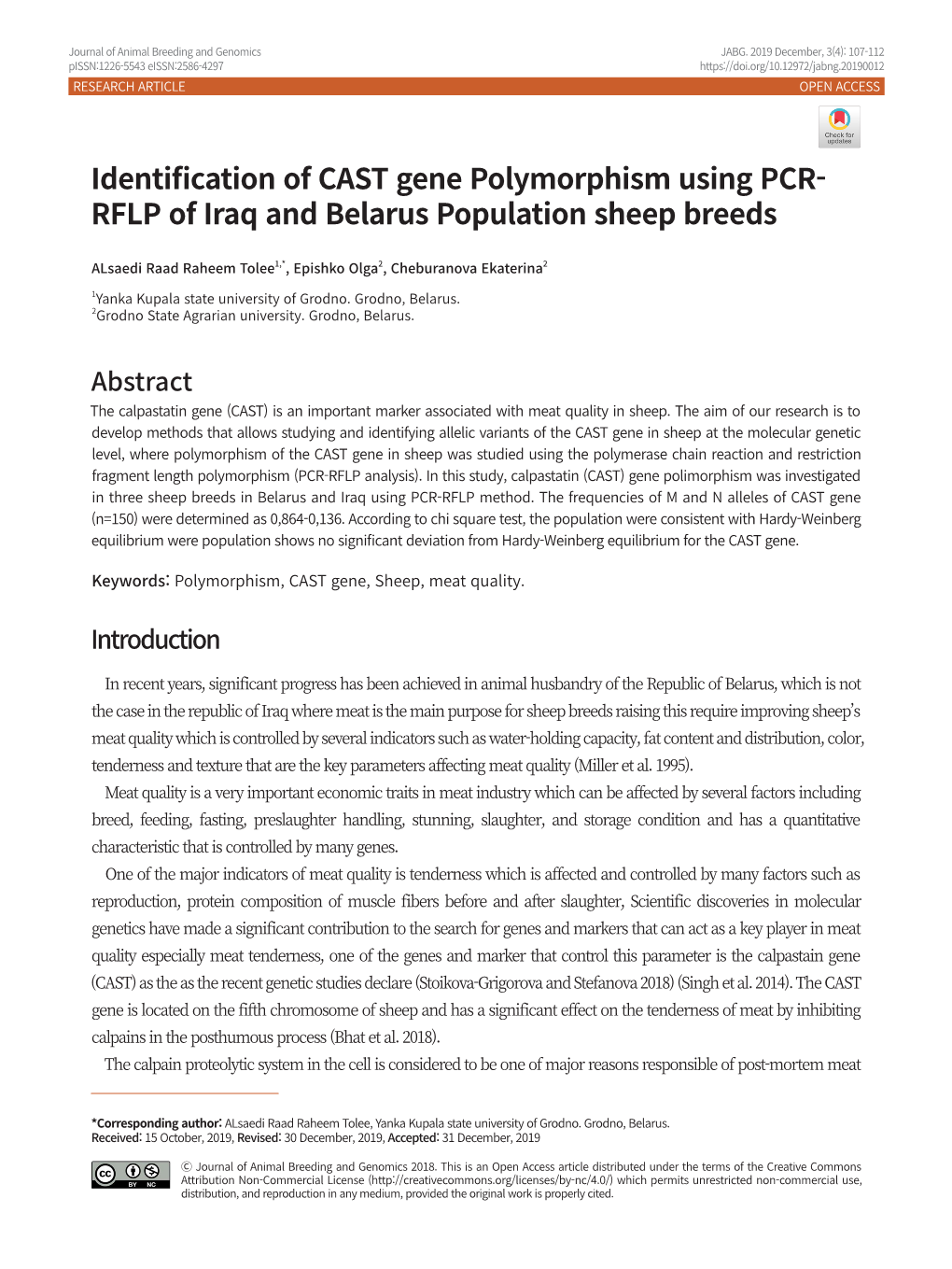 Identification of CAST Gene Polymorphism Using PCR- RFLP of Iraq and Belarus Population Sheep Breeds