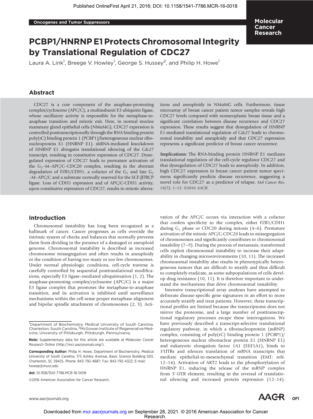 PCBP1/HNRNP E1 Protects Chromosomal Integrity by Translational Regulation of CDC27 Laura A