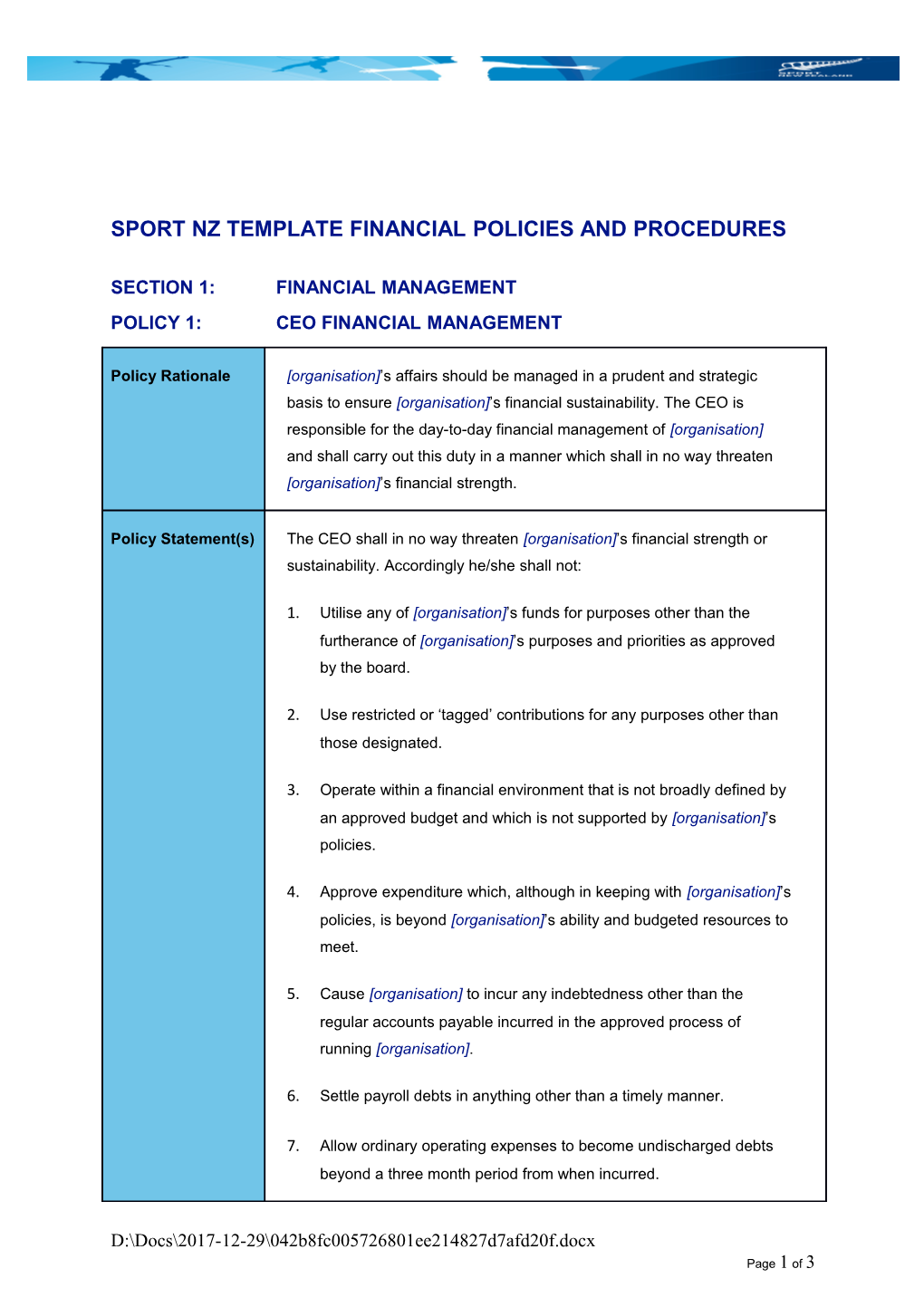 Sport Nz Template Financial Policies and Procedures