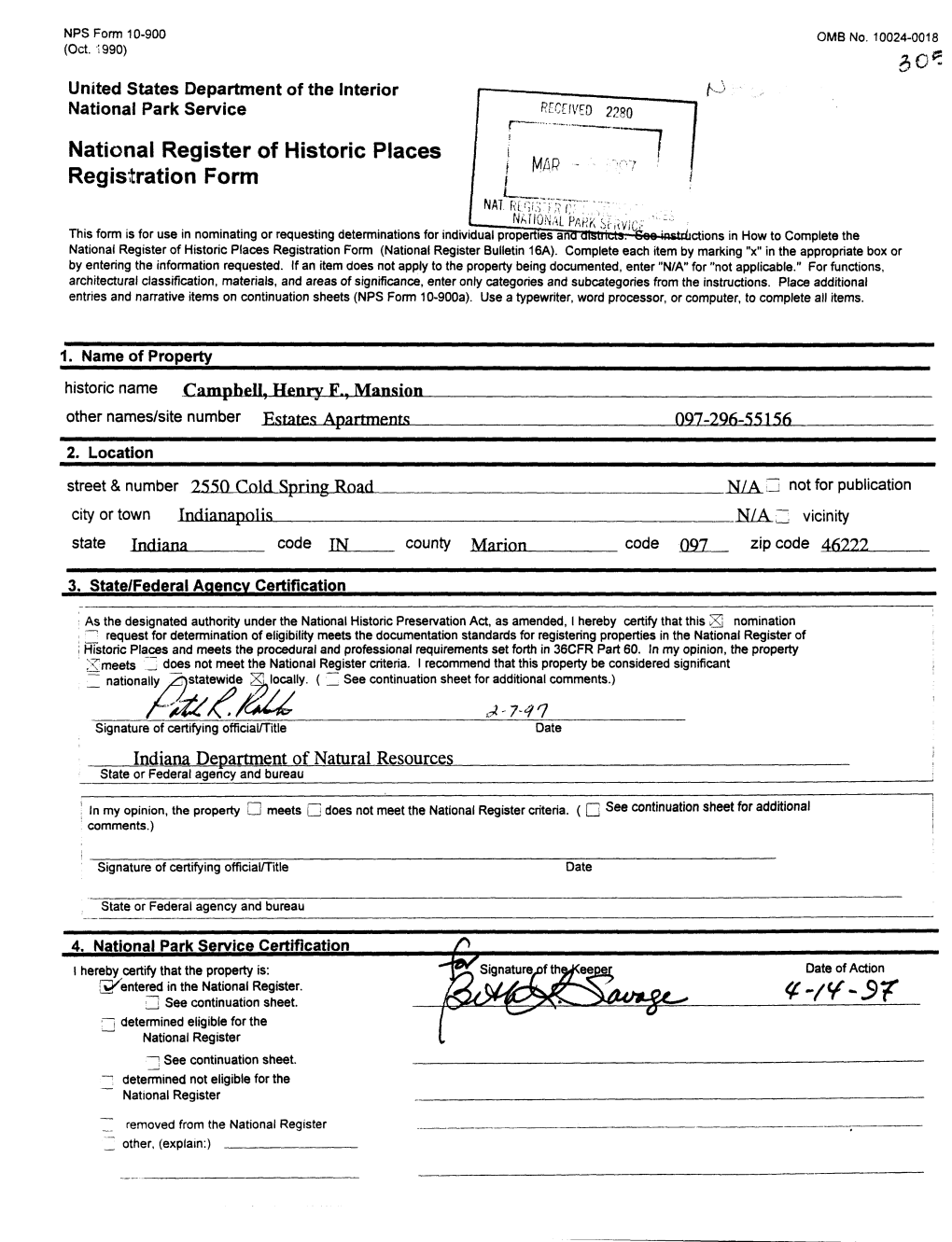 National Register of Historic Places Continuation Sheet Campbell, Henry F., Mansion Section Number 7 Page 1 Marion County, Indiana