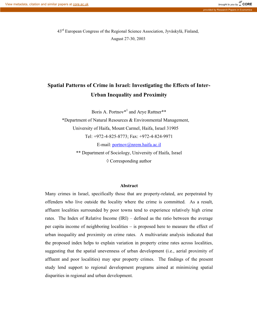 Spatial Patterns of Crime in Israel: Investigating the Effects of Inter- Urban Inequality and Proximity