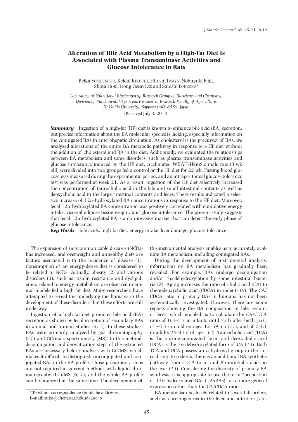 Alteration of Bile Acid Metabolism by a High-Fat Diet Is Associated with Plasma Transaminase Activities and Glucose Intolerance in Rats