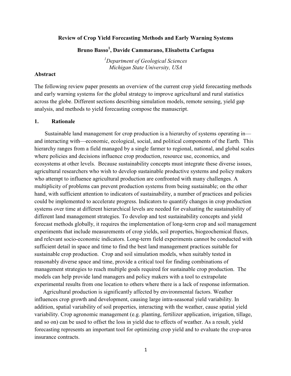 Crop Yield Forecasting Methods and Early Warning Systems