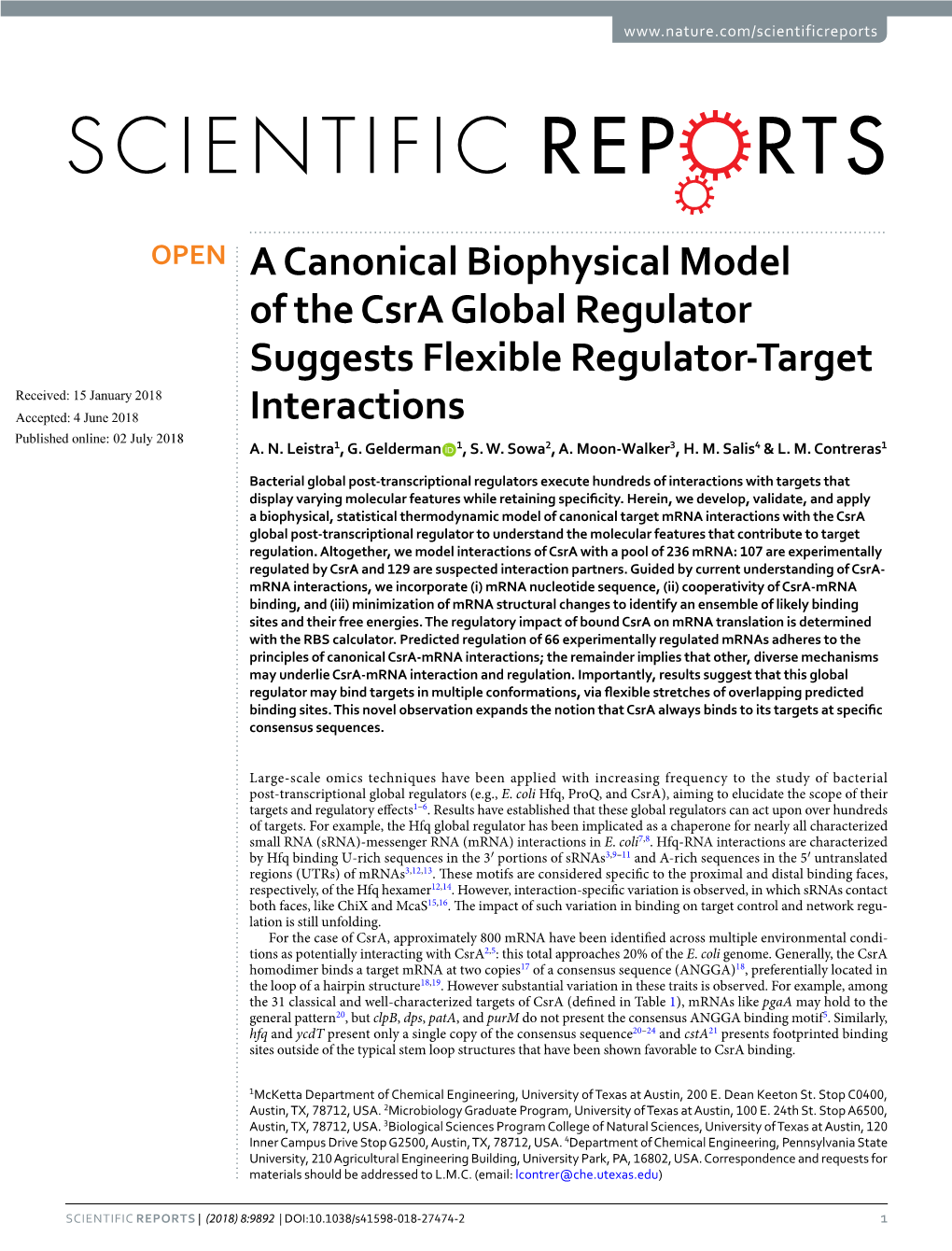 A Canonical Biophysical Model of the Csra Global Regulator Suggests