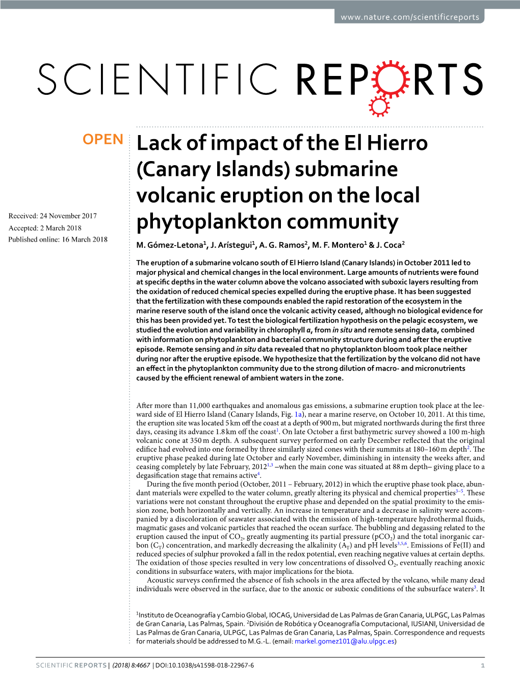 (Canary Islands) Submarine Volcanic Eruption on the Local Phytoplankton