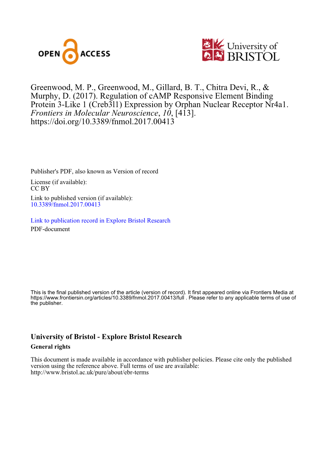 Regulation of Camp Responsive Element Binding Protein 3-Like 1 (Creb3l1) Expression by Orphan Nuclear Receptor Nr4a1