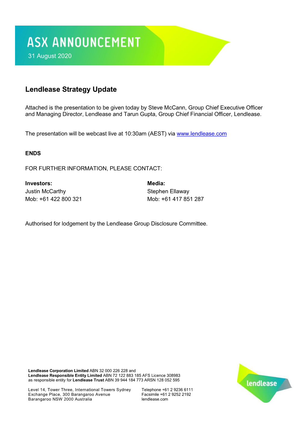 Lendlease Strategy Update