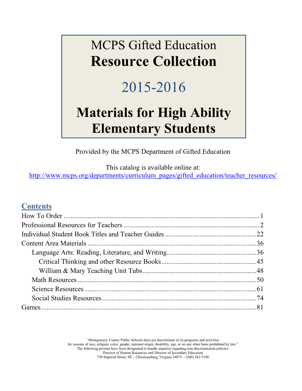 Resource Collection Catalog Is Divided Into Three Main Sections