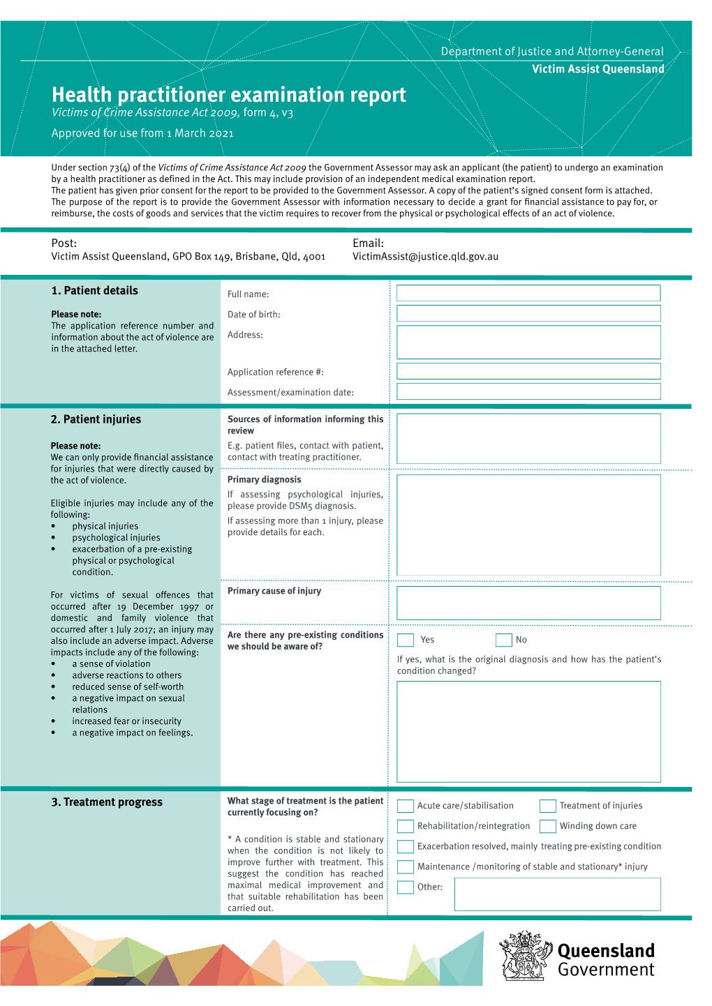 Health Practitioner Examination Report Victims of Crime Assistance Act 2009, Form 4, V3 Approved for Use from 1 March 2021