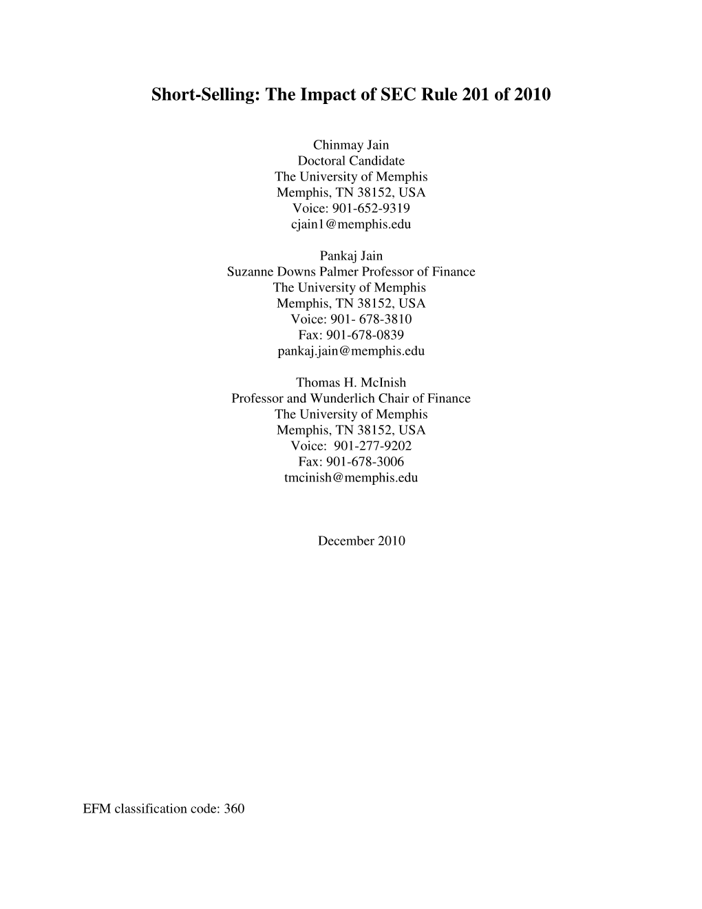 Short-Selling: the Impact of SEC Rule 201 of 2010