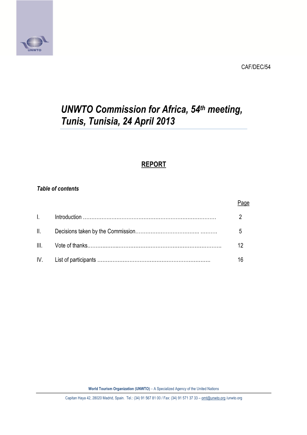 UNWTO Commission for Africa, 54Th Meeting, Tunis, Tunisia, 24 April 2013