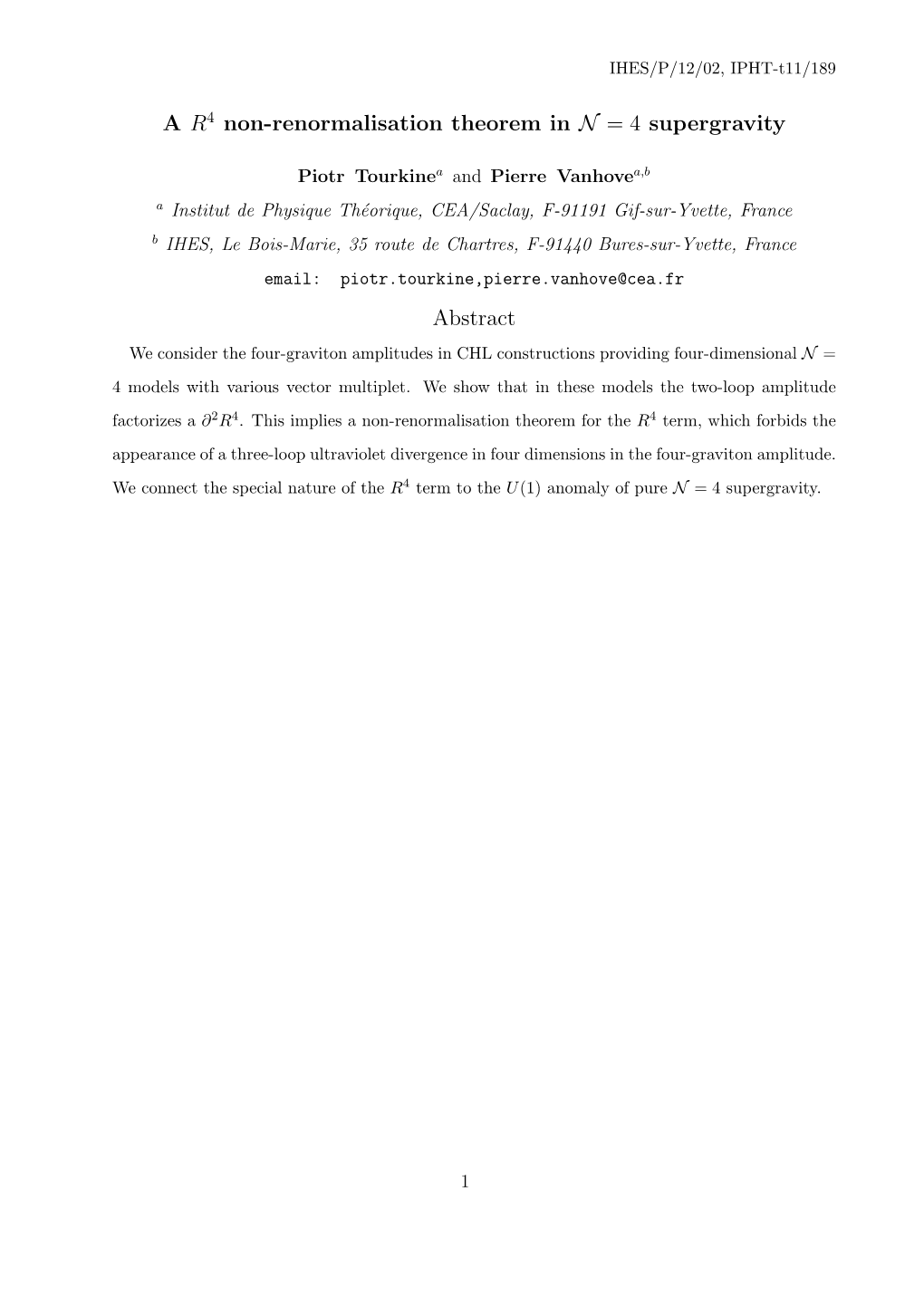 A R4 Non-Renormalisation Theorem in N = 4 Supergravity Abstract