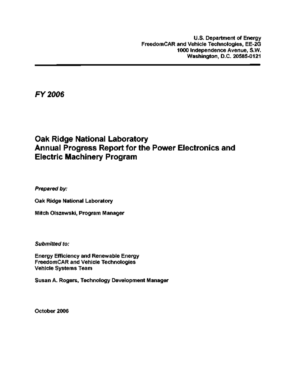 FY 2006 Oak Ridge National Laboratory Annual Progress Report