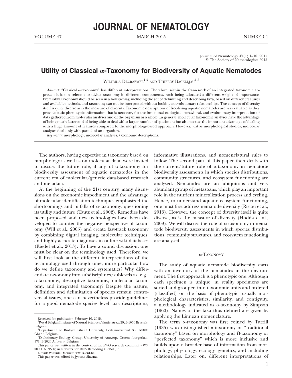 Journal of Nematology Volume 47 March 2015 Number 1