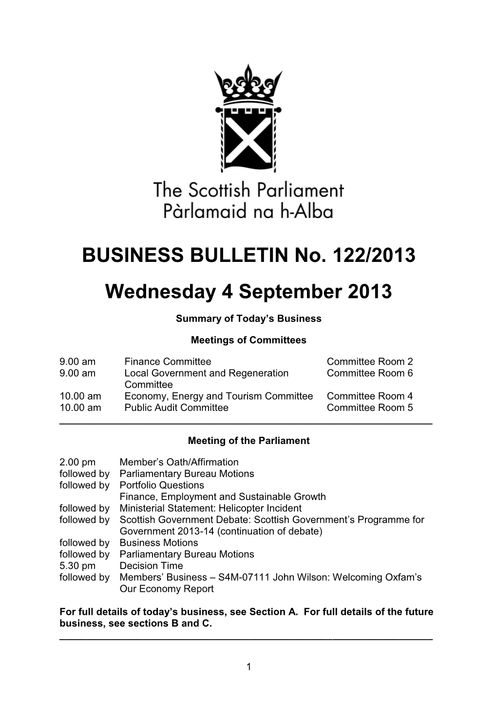 BUSINESS BULLETIN No. 122/2013 Wednesday 4 September 2013