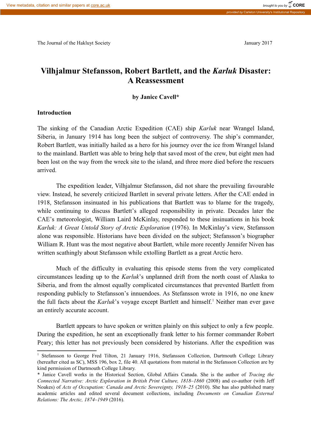 Vilhjalmur Stefansson, Robert Bartlett, and the Karluk Disaster: a Reassessment