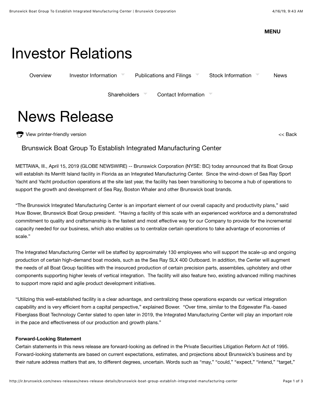 Brunswick Boat Group to Establish Integrated Manufacturing Center | Brunswick Corporation 4/16/19, 9�43 AM