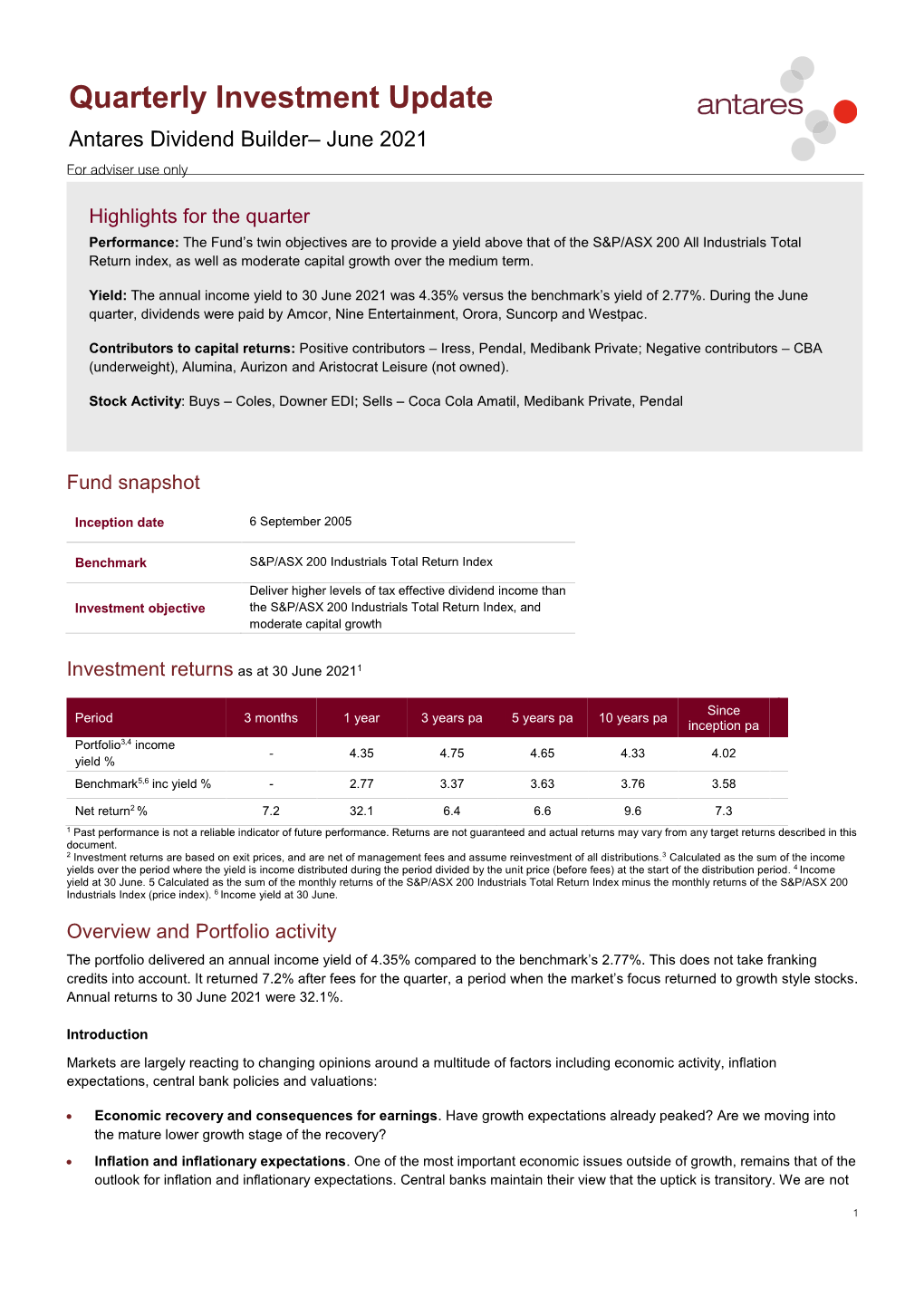 Antares June 2021 Dividend Builder Fund Quarterly Investment Update