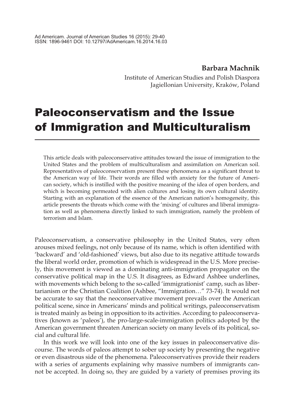 Paleoconservatism and the Issue of Immigration and Multiculturalism