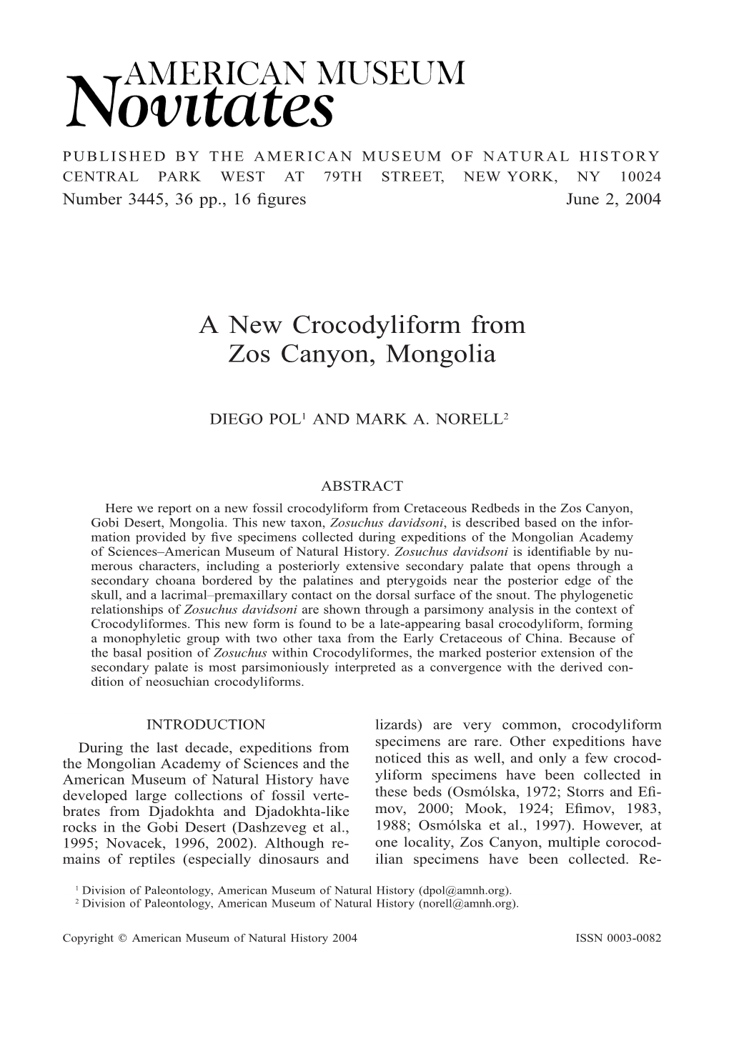 A New Crocodyliform from Zos Canyon, Mongolia