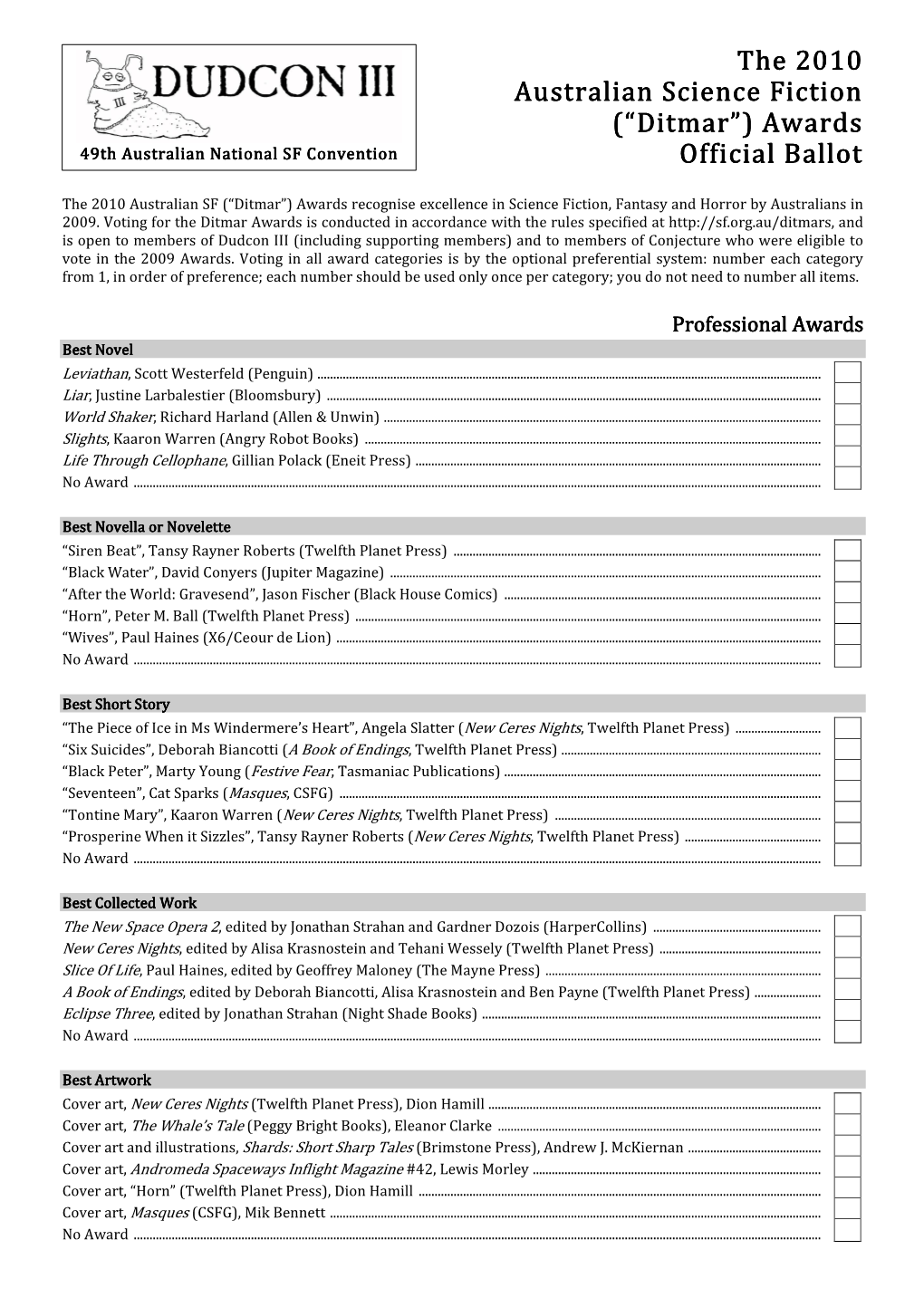 2010 Ditmar Ballot