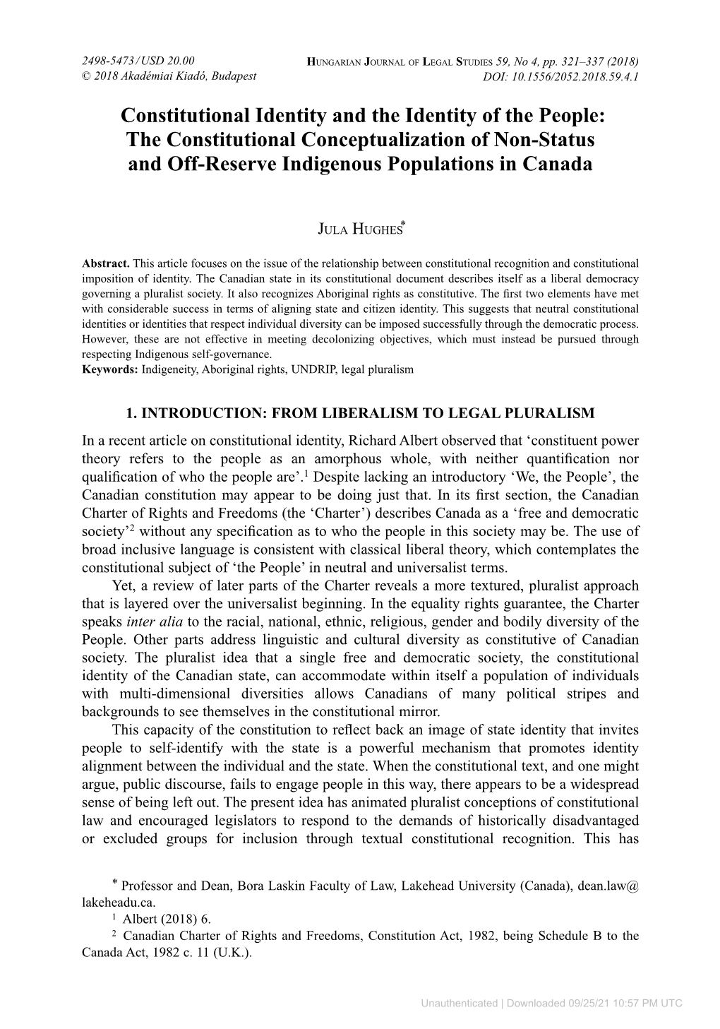 Constitutional Identity and the Identity of the People: the Constitutional Conceptualization of Non-Status and Off-Reserve Indigenous Populations in Canada