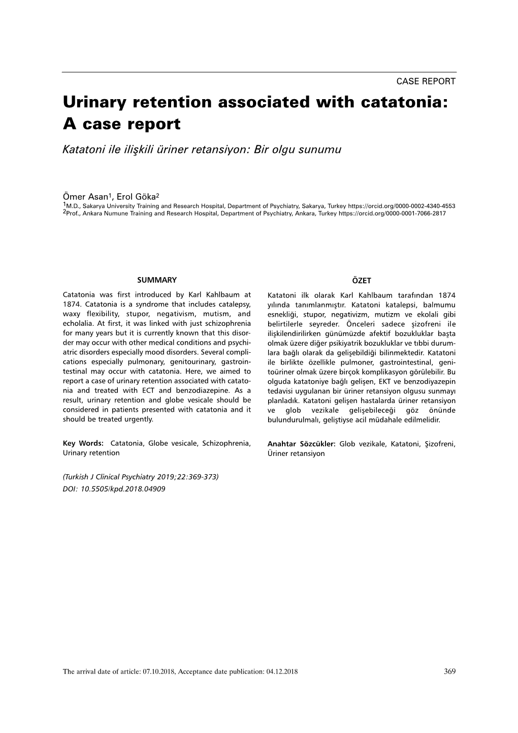 Urinary Retention Associated with Catatonia: a Case Report