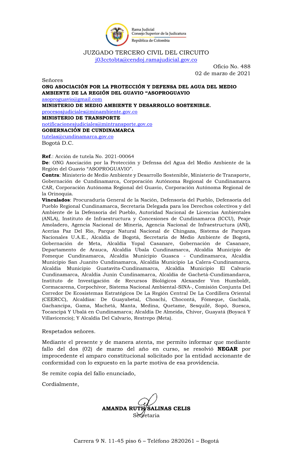 JUZGADO TERCERO CIVIL DEL CIRCUITO J03cctobta@Cendoj.Ramajudicial.Gov.Co Oficio No