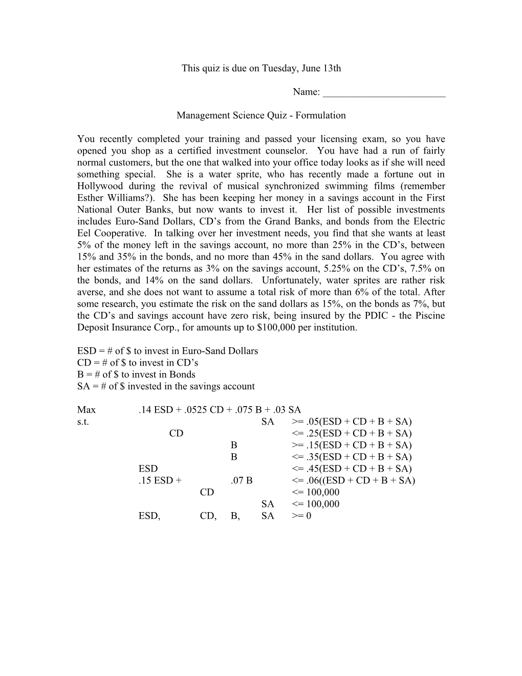 Management Science Quiz - Formulation