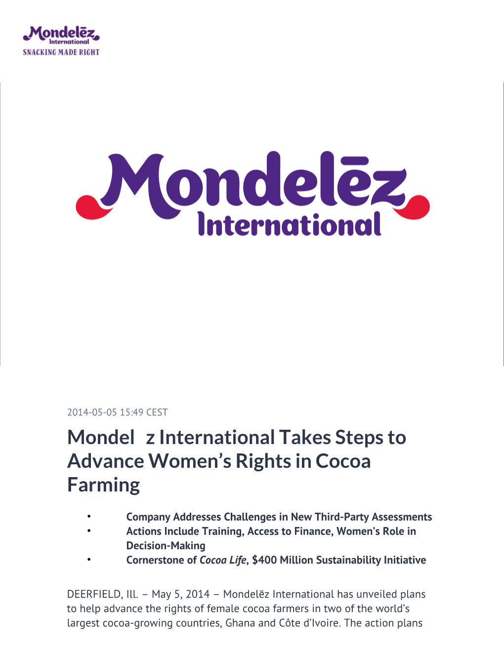 Mondelēz International Takes Steps to Advance Women’S Rights in Cocoa Farming