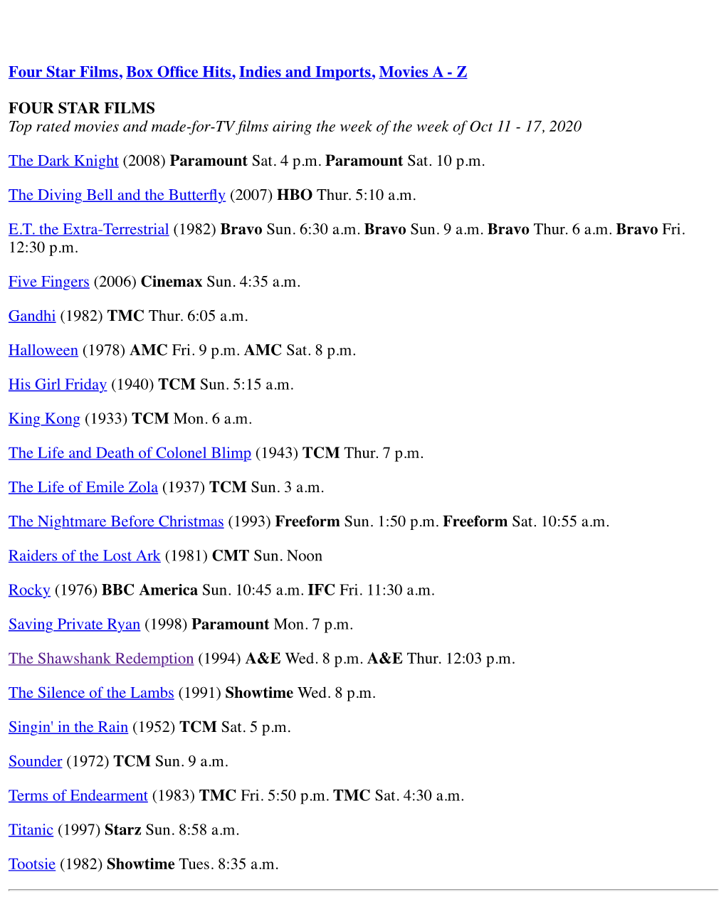 Z FOUR STAR FILMS Top Rated Movies and Made-For-TV Films Airing