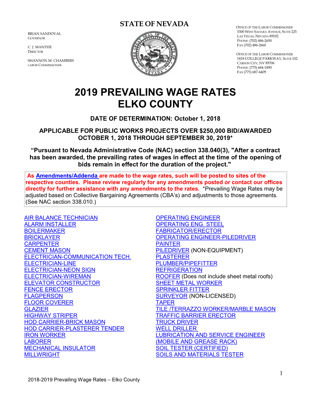 2019 Prevailing Wage Rates Elko County