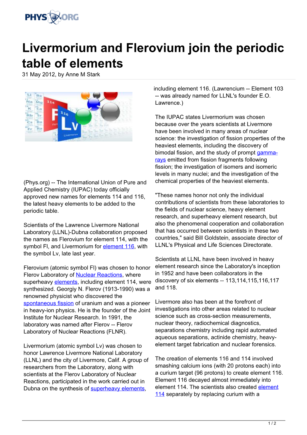 Livermorium and Flerovium Join the Periodic Table of Elements 31 May 2012, by Anne M Stark