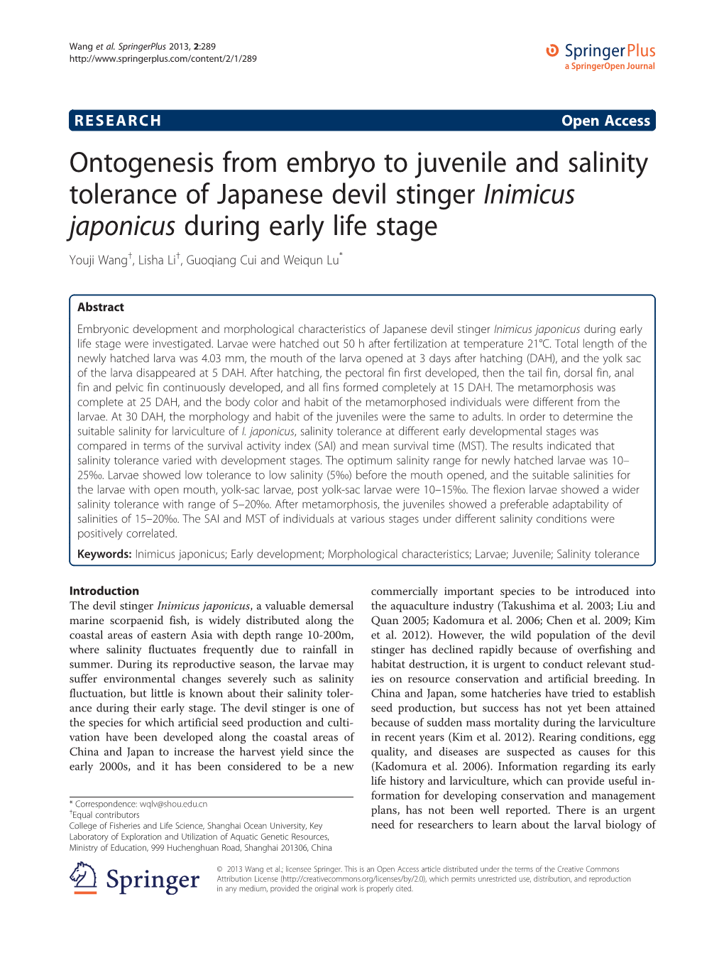 Ontogenesis from Embryo to Juvenile and Salinity Tolerance of Japanese Devil Stinger Inimicus Japonicus During Early Life Stage