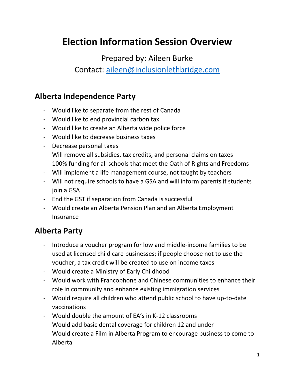 Election Information Session Overview Prepared By: Aileen Burke Contact: Aileen@Inclusionlethbridge.Com