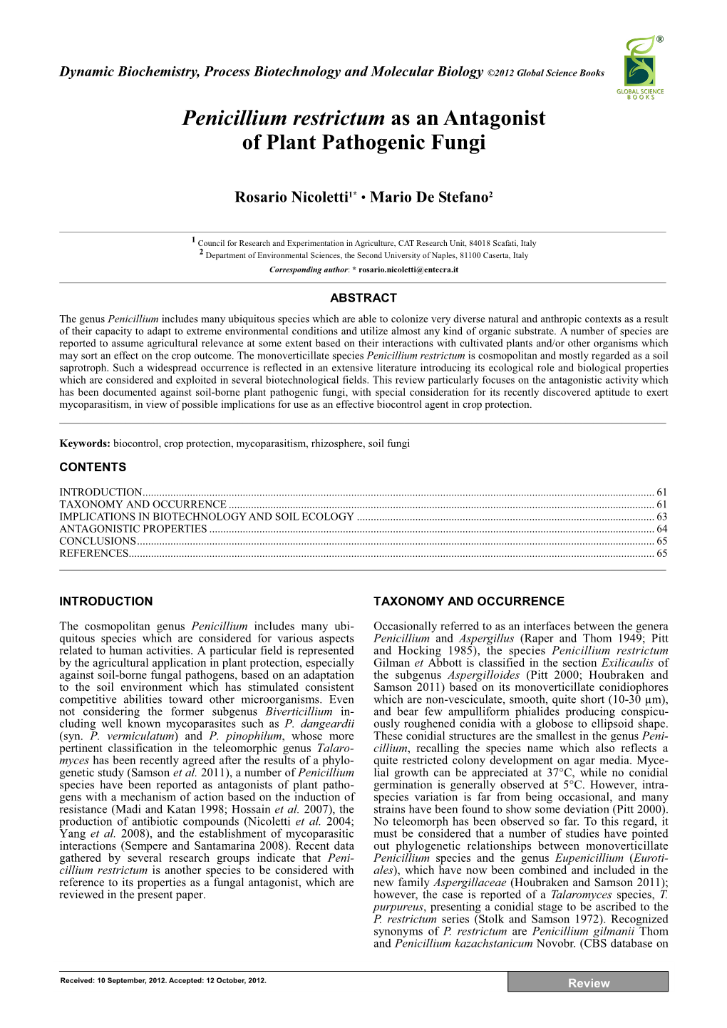 Penicillium Restrictum As an Antagonist of Plant Pathogenic Fungi