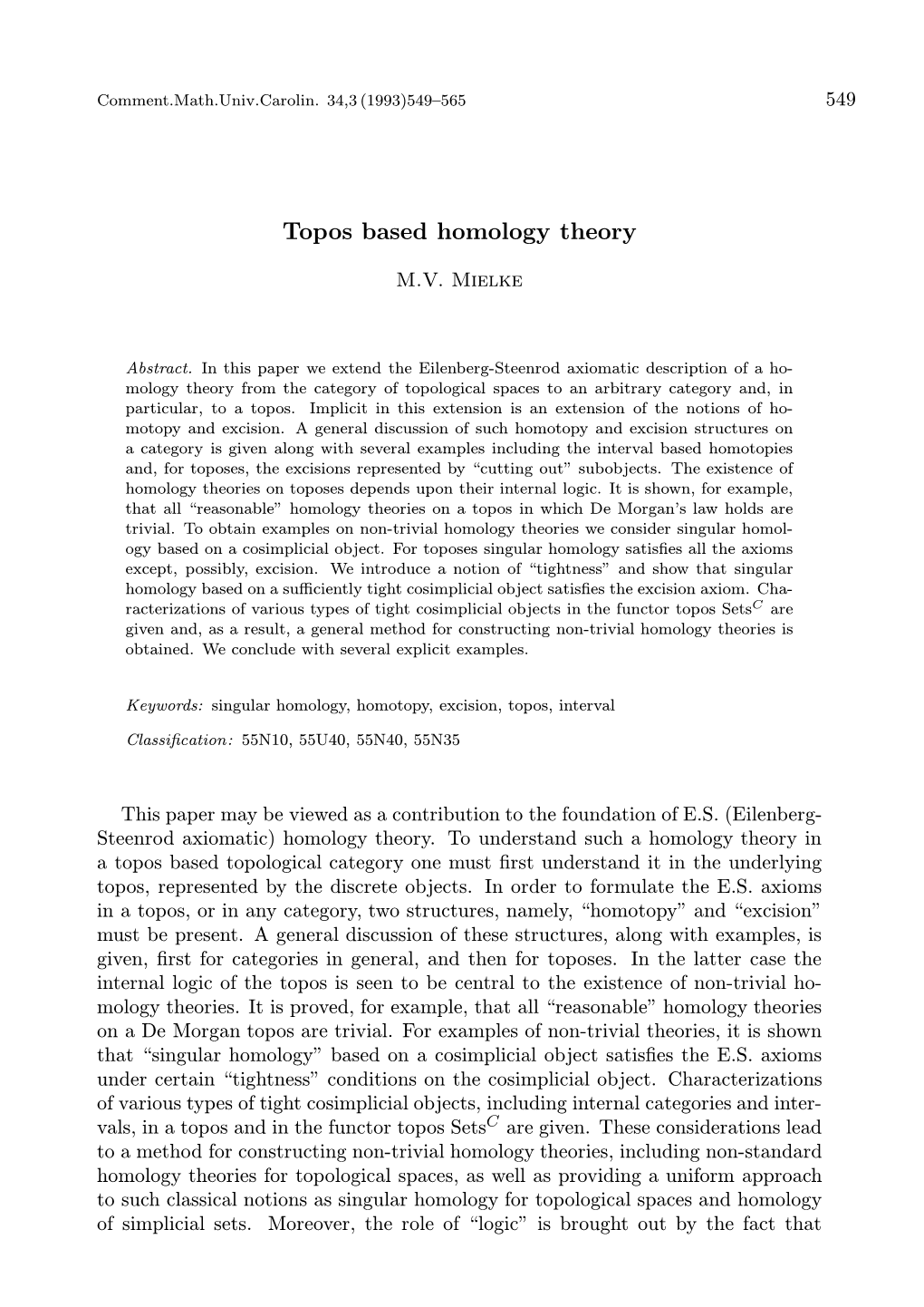 Topos Based Homology Theory