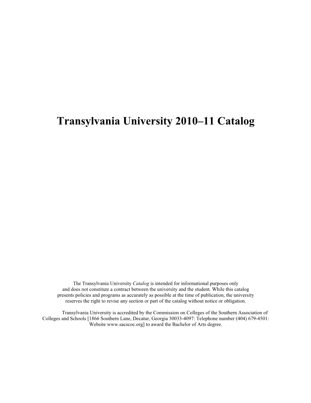 Transylvania University 2010–11 Catalog