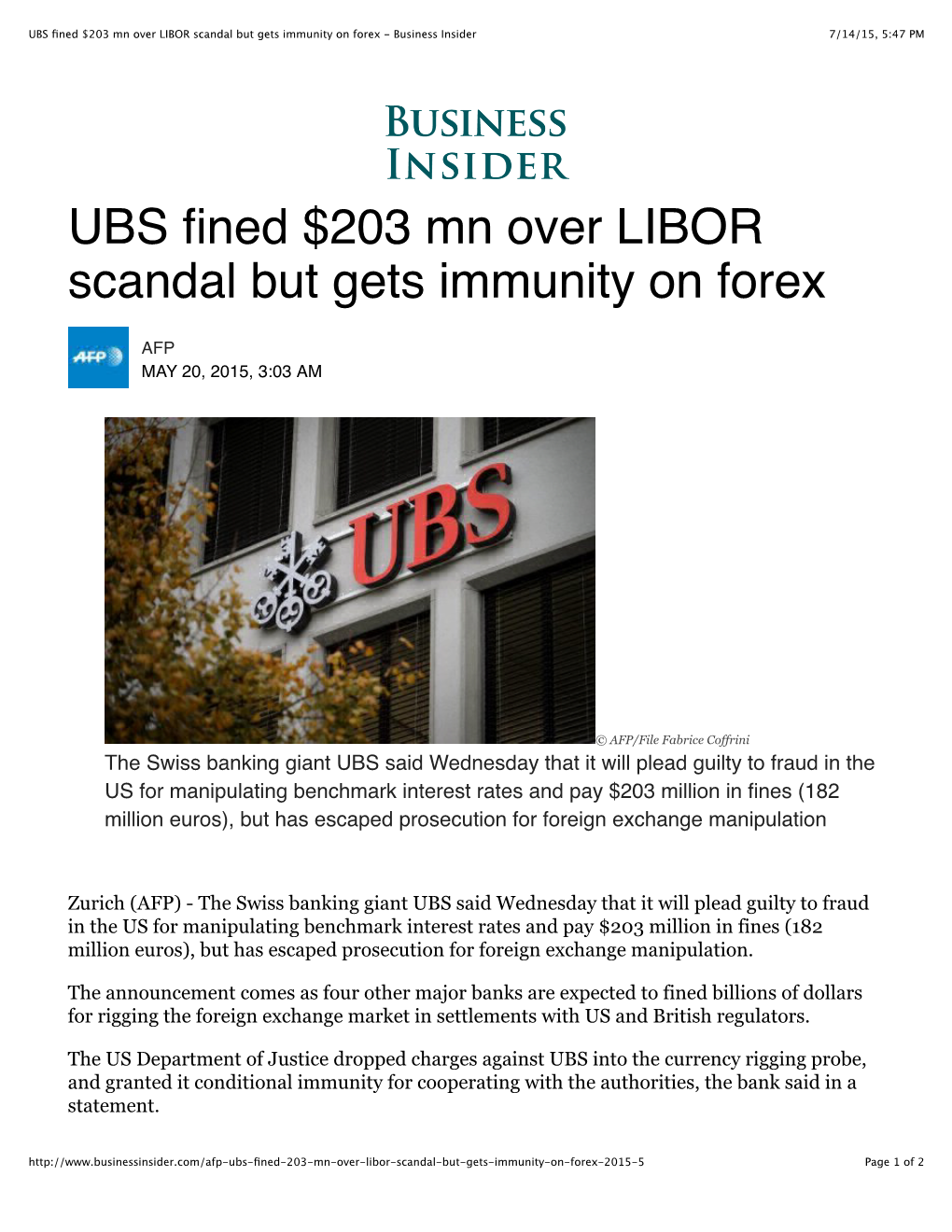 UBS Fined $203 Mn Over LIBOR Scandal but Gets Immunity on Forex