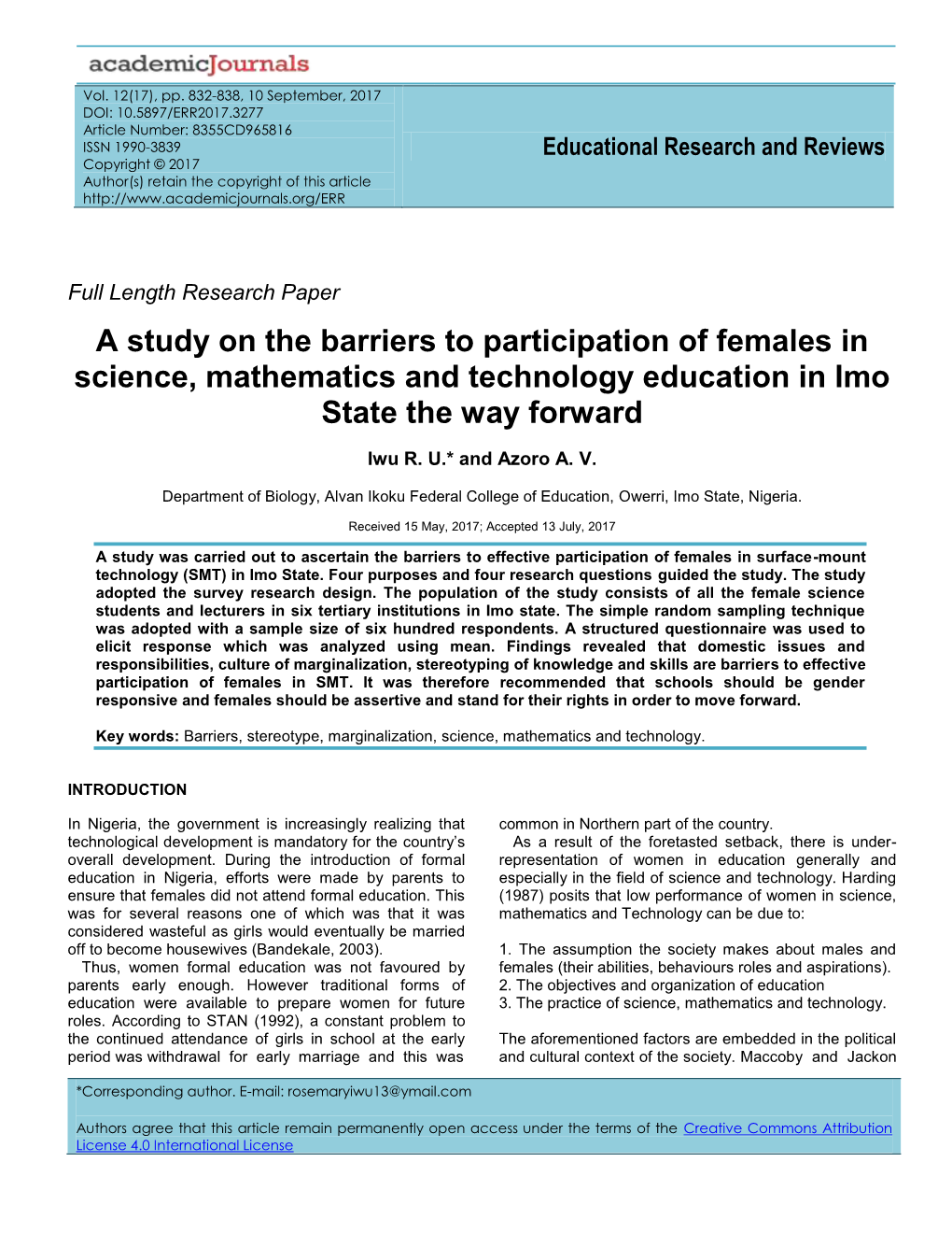 A Study on the Barriers to Participation of Females in Science, Mathematics and Technology Education in Imo State the Way Forward