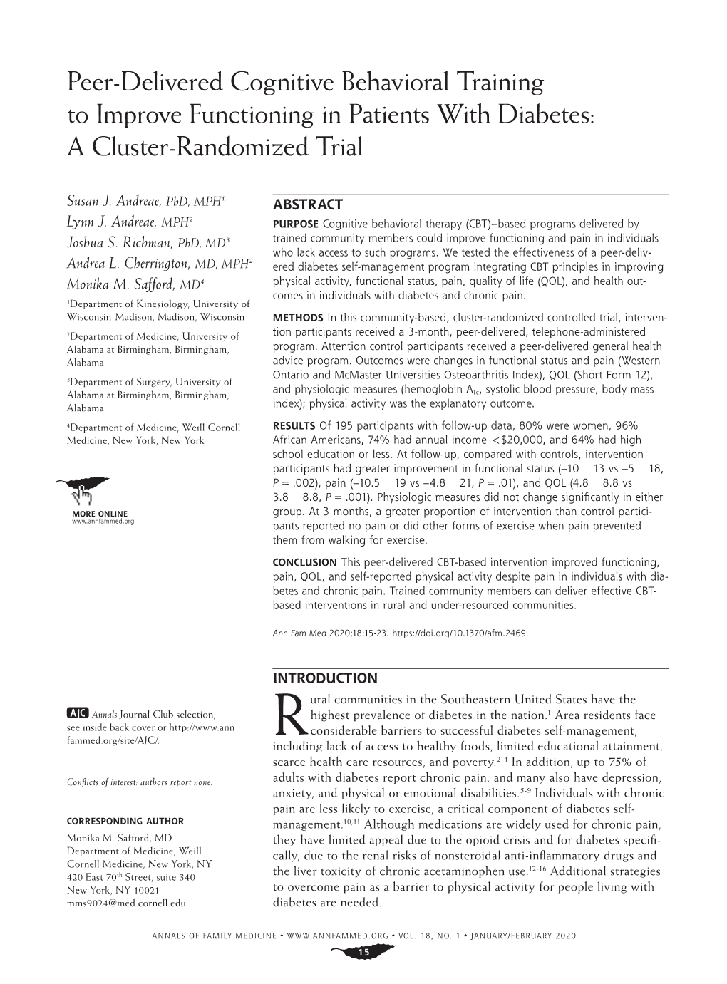 Peer-Delivered Cognitive Behavioral Training to Improve Functioning in Patients with Diabetes: a Cluster-Randomized Trial