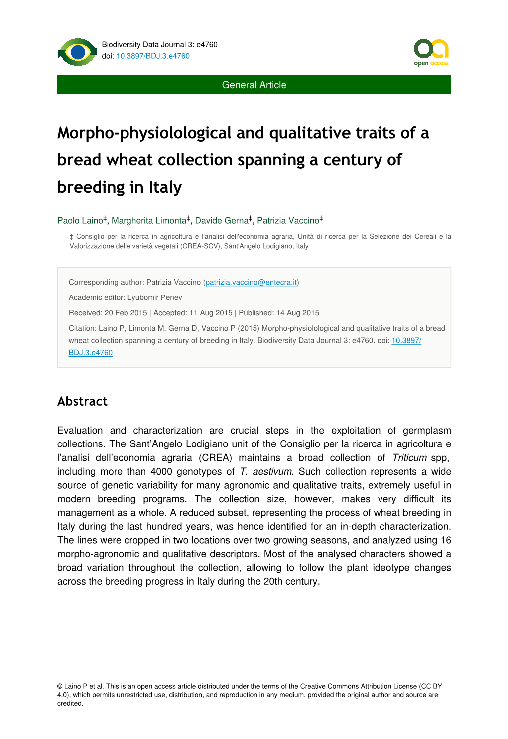 Morpho-Physiolological and Qualitative Traits of a Bread Wheat Collection Spanning a Century of Breeding in Italy