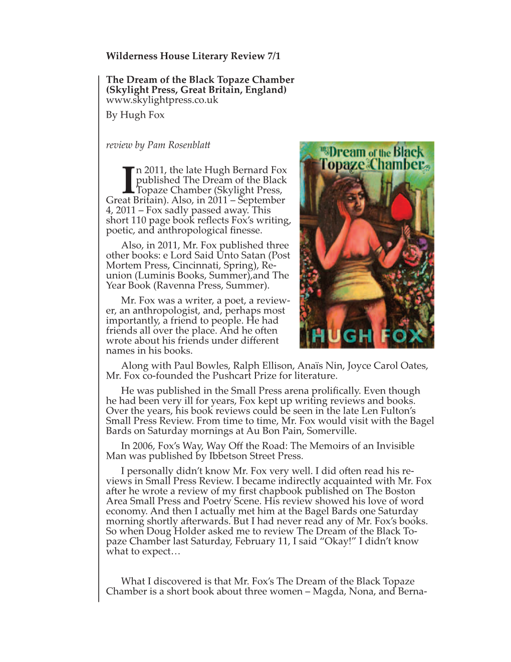 Wilderness House Literary Review 7/1 the Dream of the Black Topaze