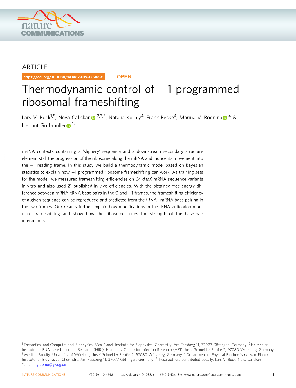 Thermodynamic Control of Бˆ'1 Programmed Ribosomal Frameshifting